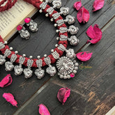 Vriksham Designer Peacock Motif Oxidized Silver & Red Beaded Neckpiece-Red-S1056